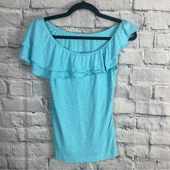 Lilly Pulitzer Wynne 100% Pima Cotton Off Shoulder Ruffle Top Blue Small - Picture 5 of 16
